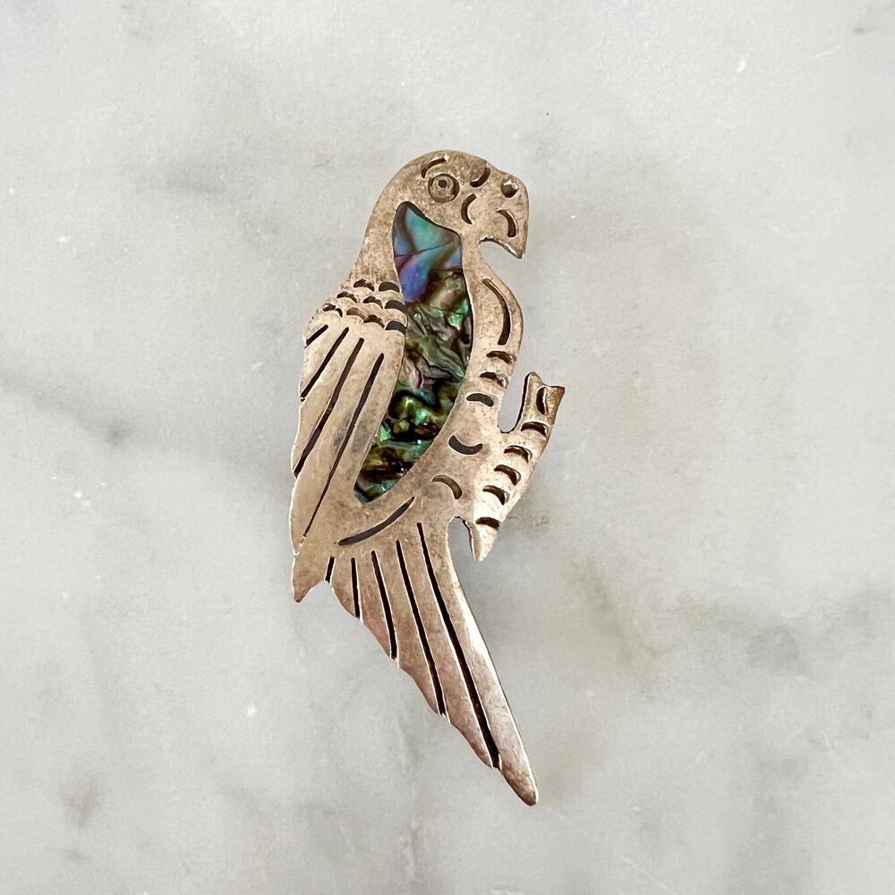 Vintage Alpaca Mexico Parrot Brooch with Abalone Shell Inlay